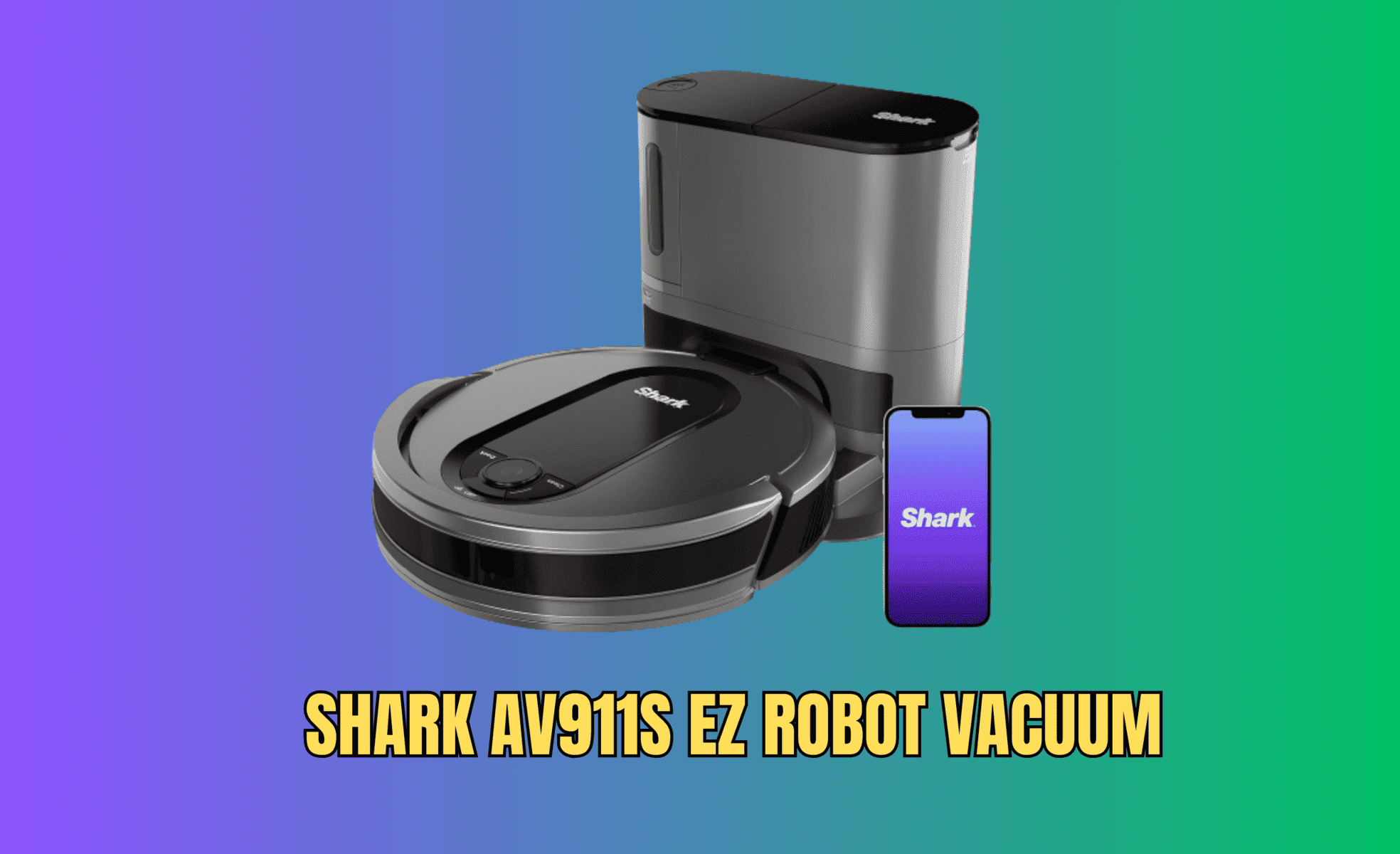 A Shark AV911S Robot Vacuum cleaner displayed with a smartphone indicating compatibility with an app for control.